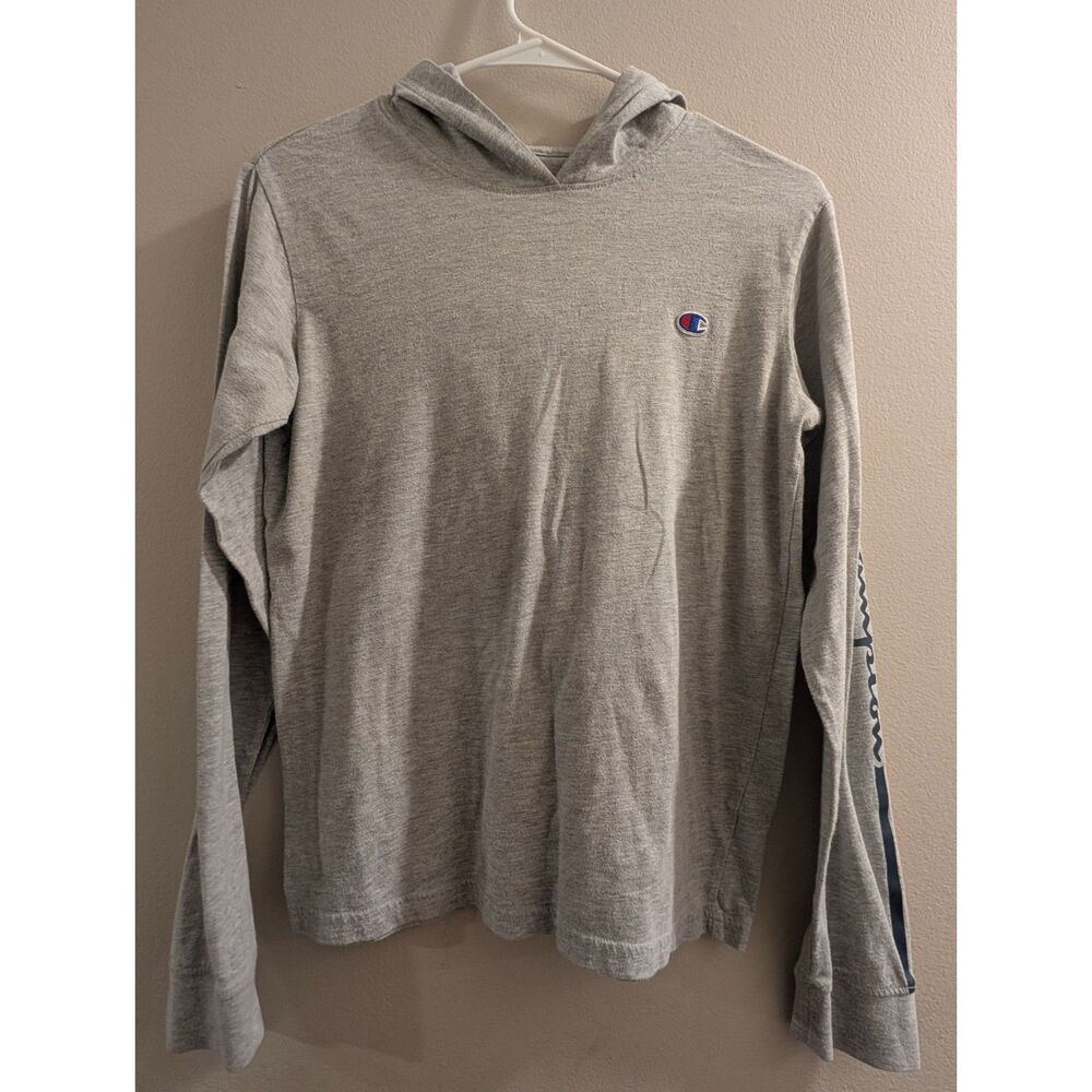 Champion Heather Gray Hooded Long Sleeve Graphic T-Shirt